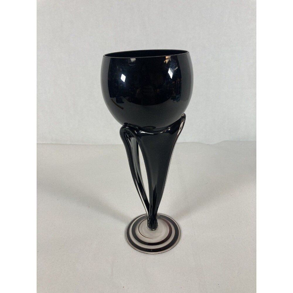Jozefina Krosno Art Glass Black Swirl Stemmed Goblet Candle Holder Poland Vtg 9” - Picture 4 of 12